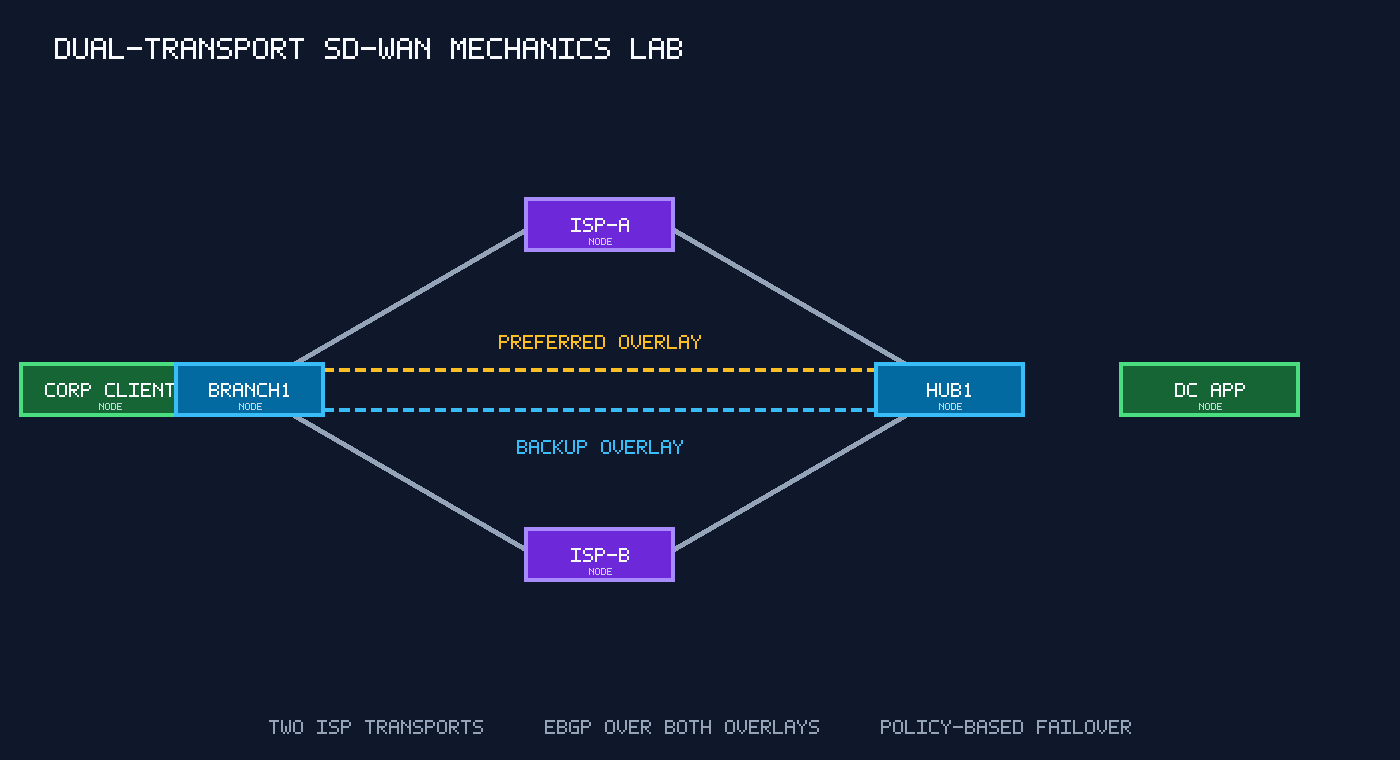 Dual-transport SD-WAN topology with two ISP paths between a branch and hub